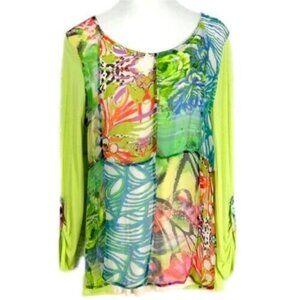 Casual Studio Top Women Size Large Tunic Large Roll Tab  Multi Long Sleeve